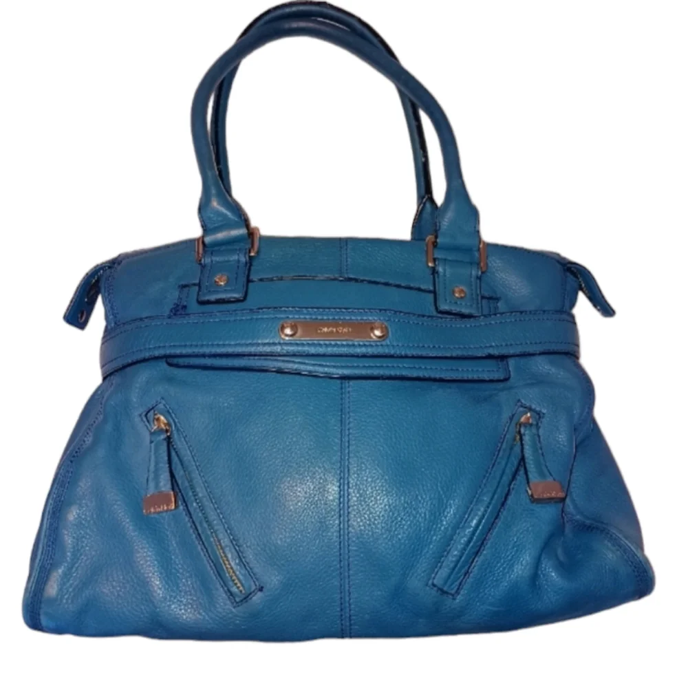 Calvin Klein Pebbled Leather Shoulder Bag Top Handle Purse Blue